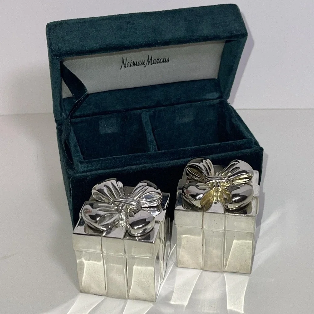 VTG Neiman Marcus Godinger Silver Plate Gift Box Salt Pepper Shaker Felt‎ Bottom